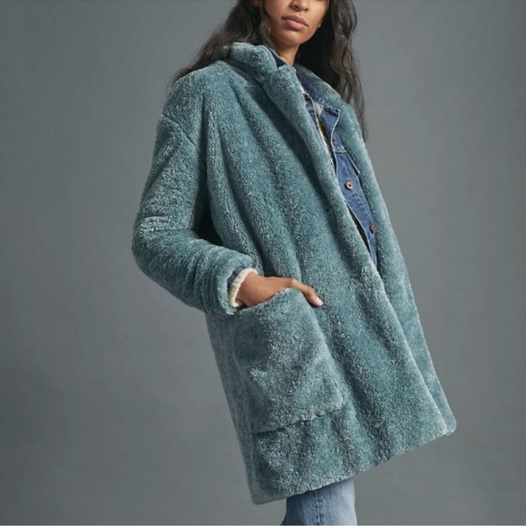 Anthropologie Maeve Lisanne Oversized Faux Fur Coat, Sky Blue - Picture 2 of 15